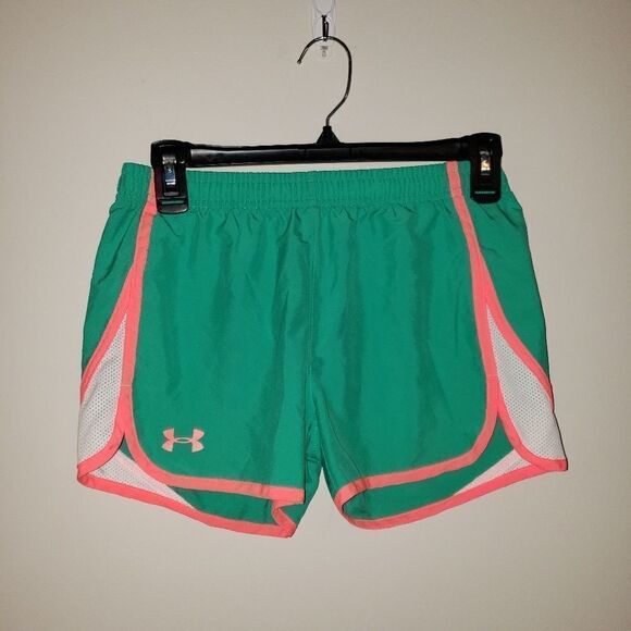 UNDER ARMOUR GREEN NEON CORAL AND WHITE LOOSE RUNNING SHORTS SIZE YOUTH LARGE - Picture 1 of 5